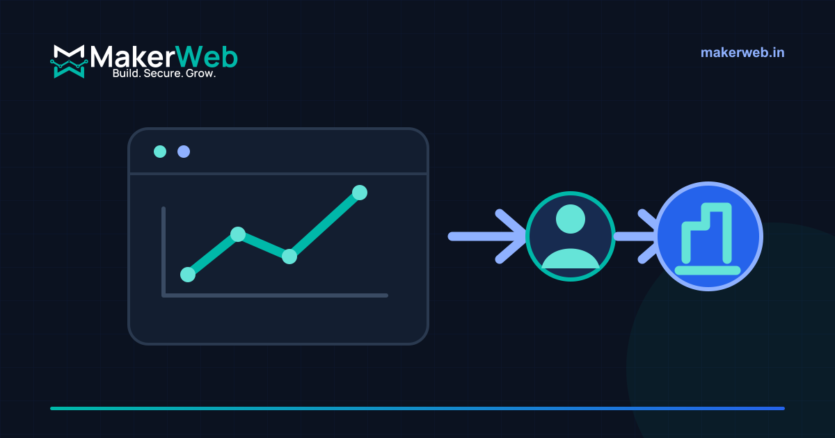 A marketing dashboard flowing through qualified leads to a revenue coin, drawn in MakerWeb brand colours